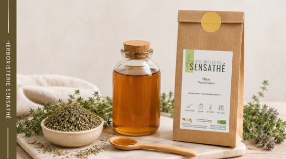Sirop de thym maison fait avec du thym bio en vrac pour soutenir les voies respiratoires - Herboristerie Sensathé